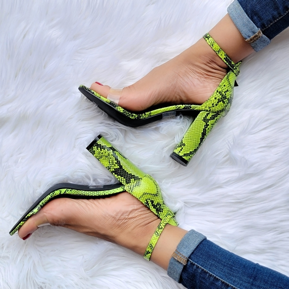 Neon Snakeskin Chunky Heel Sandals Women's Ankle Strap Open Round Toe Padded